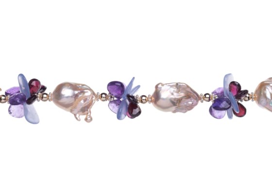 Baroque Peach Pearls, Amethyst, Lilac Chalcedony, Garnet, 14K Gold and Sterling Silver